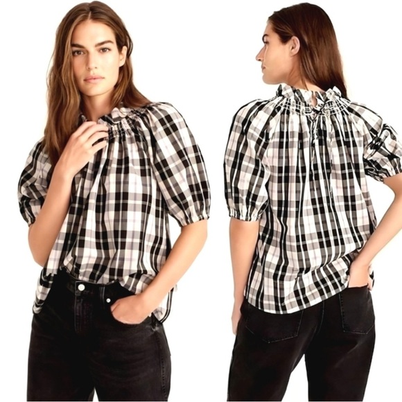 J. CREW Women's Black and White Plaid Puff Sleeve Top - Picture 1 of 13